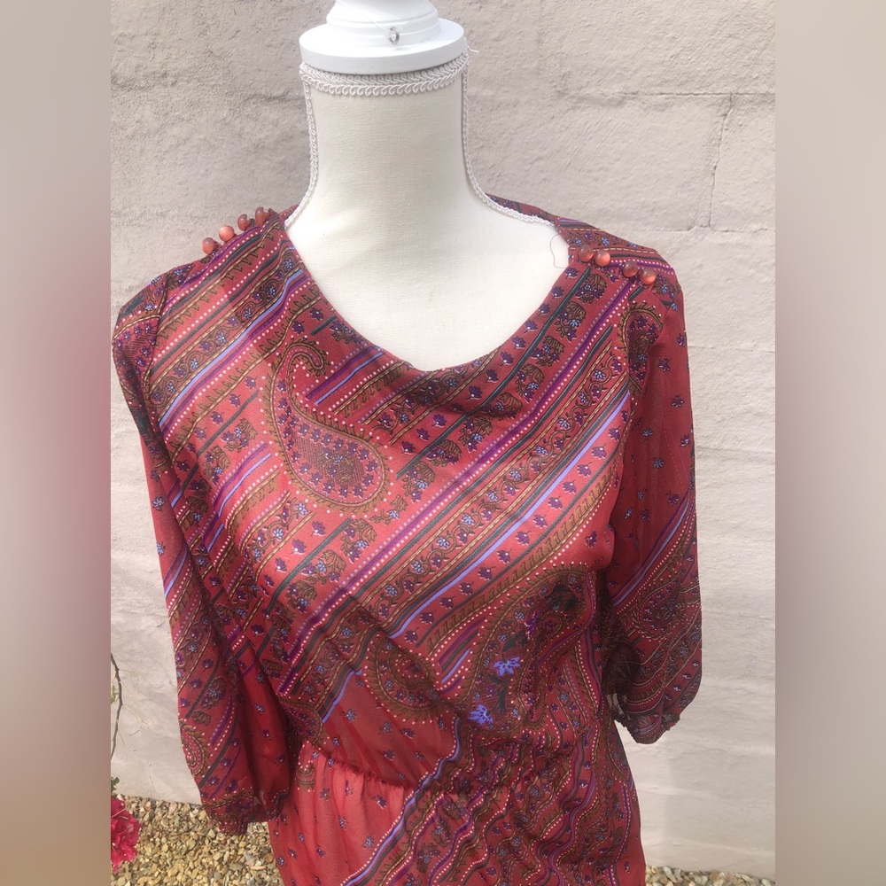 Vintage 70s sheer boho paisley dress with button detail cinched three quarter - Picture 11 of 16